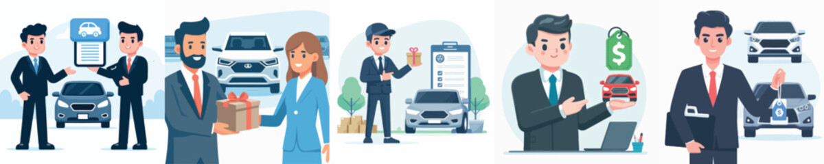 Vector of a car salesperson offering a product.