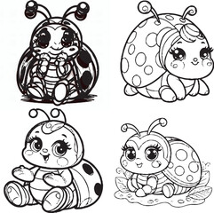 Charming Cartoon Ladybug Silhouettes - Black and White Illustrations