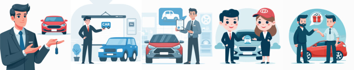 Vector of a car salesperson offering a product.