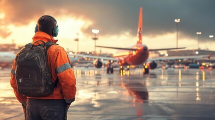 Person in Orange Jacket with Headphones at Airport During Sunset