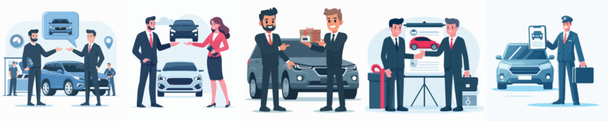 Vector of a car salesperson offering a product.