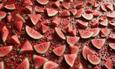 Fototapeta premium Red textured surface adorned with scattered watermelon seeds, luscious, food photography, vegan, kitchen, delicious