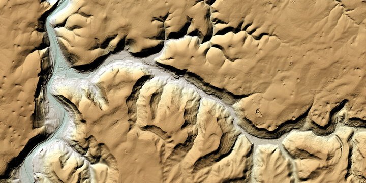 Concept de fond g&eacute;ographique - Donn&eacute;es lidar HD - Vue a&eacute;rienne de la topographie d'un territoire - Rendu 2d mod&egrave;le num&eacute;rique de terrain et nuage de points Lidar HD