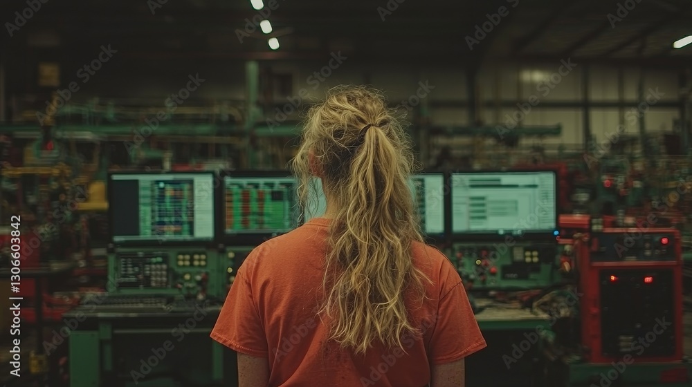 Poster a professional woman operates multiple computer screens simultaneously