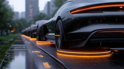 Fototapeta premium Futuristic electric vehicle charging station with wireless technology and city skyline view