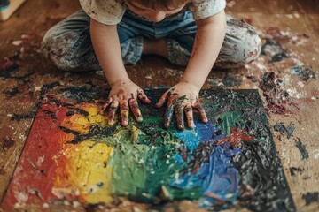 At a side angle, the hands of a child are depicted touching a Braille alphabet