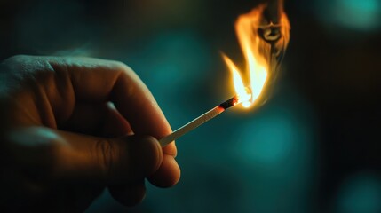 A hand holding a match with a bright burning flame