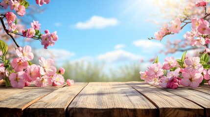 Pink Blossoms Frame Wooden Table Spring Scene