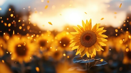 Endless sunflower field glows warmly under a golden sunset horizon