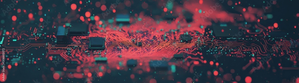 Poster a technological background featuring a printed circuit board, comprising various elements, can serve