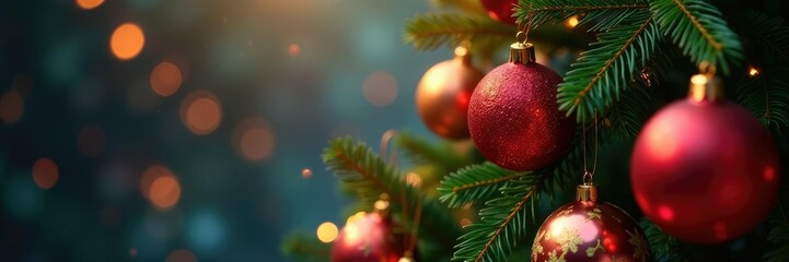 Sparkling red and gold ornaments suspended from the branches of a towering Christmas tree, bauble, ornaments, festive