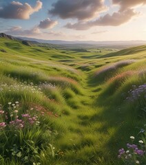 Rolling hills of green grass with wildflowers in the distance , green, field, horizon