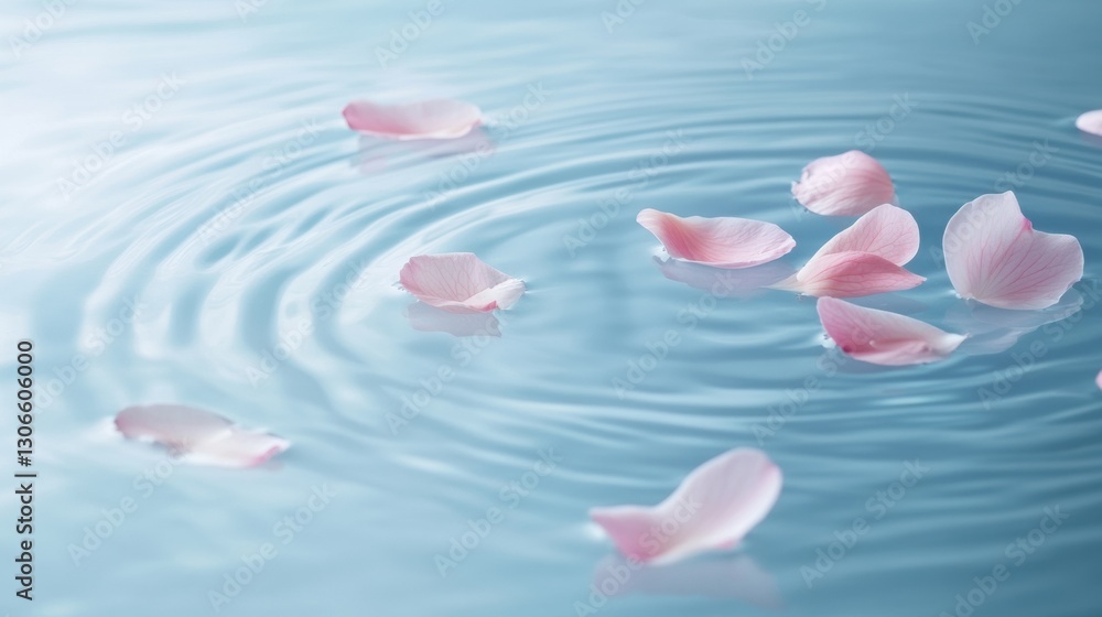 Poster serene water surface adorned with pastel flower petals and gentle ripples at sunset generative ai