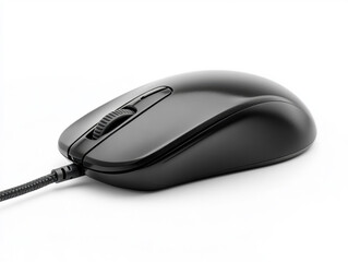 Black wired computer mouse on a white background