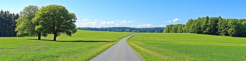 Fototapeta premium Rural asphalt road stretching into the distance, through green fields, under a blue sky