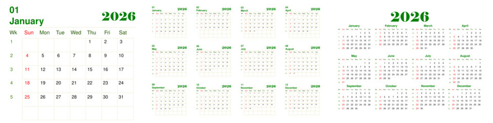 2026 calendar with week number. Text and font editable and replaceable. Vector template for business, schedule, organizer, and planner. Happy new year.
