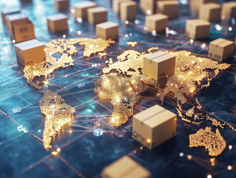 Global logistics network with parcels on a digital map