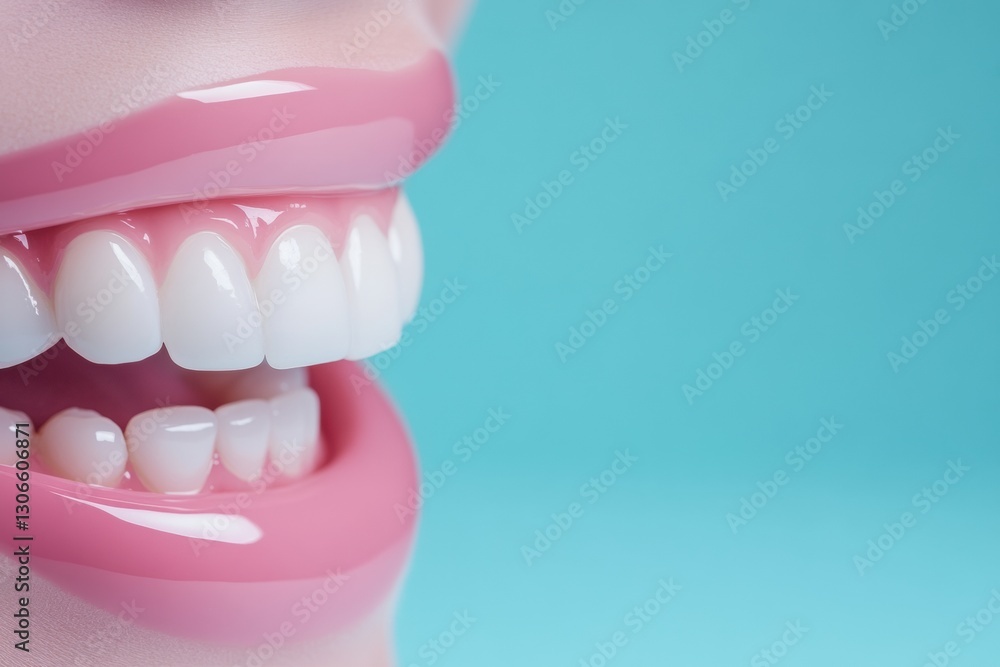 Poster smiling mouth showcases perfect white teeth during a subtle dental check up against a soft blue back