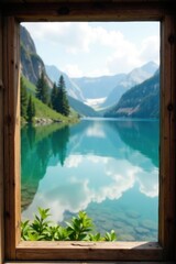 Rustic wood frame showcases blurred lake; serene perspective , reflection, misty