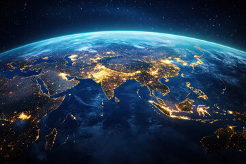 Fototapeta premium Night view of Asia from space showcasing city lights