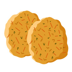 A pair of deep-fried vegetable fritters, speckled with red and green seasoning. The crisp texture and rich taste make this Indonesian street food a favorite savory treat.

