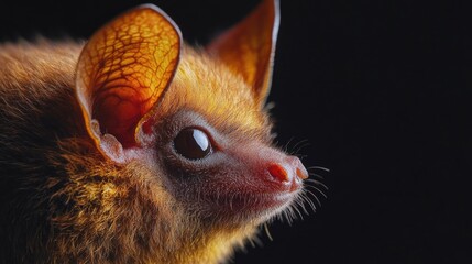 Detailed portrait of a small brown bat on black background