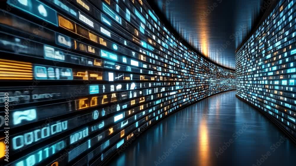 Poster futuristic digital corridor with glowing data streams and vibrant information flow