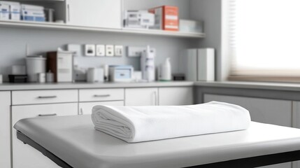 A clean white cloth folded neatly on a medical table.