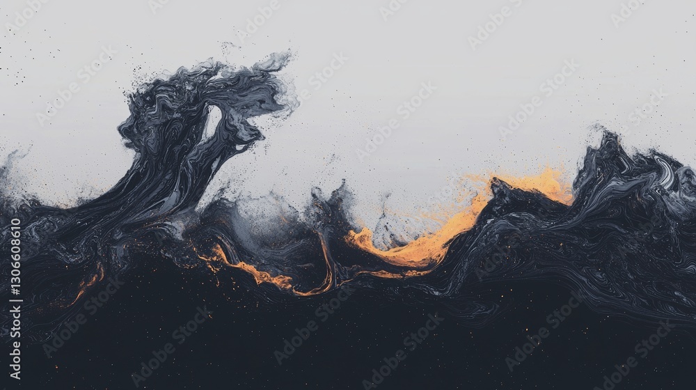 Poster the design features a black background overlaid with a dynamic pattern of liquid lines, wave shapes,