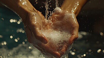 A close-up of running water hitting soapy hands.