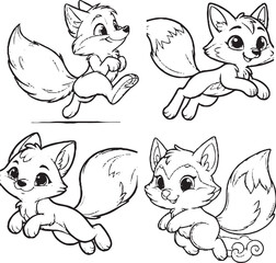 "Charming Cartoon Fox Silhouettes - Black and White Illustrations