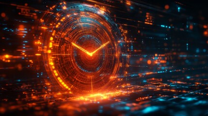 Digital clock representation with glowing elements and futuristic design in a vibrant virtual environment
