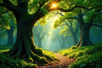 Fototapeta premium Ancient trees, dappled sunlight filtering through leaves, soil, botanical
