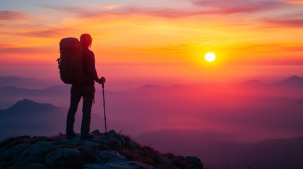 Sunset hike at a mountain peak with a silhouetted adventurer against a vibrant sky