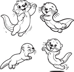 Charming Cartoon Otter Silhouettes - Black and White Avian Illustrations