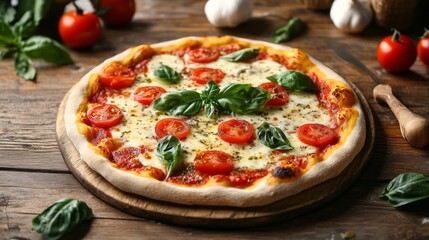 A perfect margherita pizza sits on a wooden board, adorned with ripe tomatoes, fresh basil, and melted cheese. Surrounding it are garlic and cherry tomatoes, capturing a cozy culinary moment