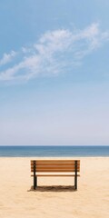 Serene Beach, Wooden Bench Under Blue Sky With White Clouds, Ideal For Background And Wallpaper