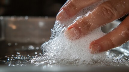 Fototapeta premium Close-up of fingernails being scrubbed with soap and water.