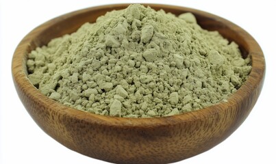 Green clay powder in wooden bowl
