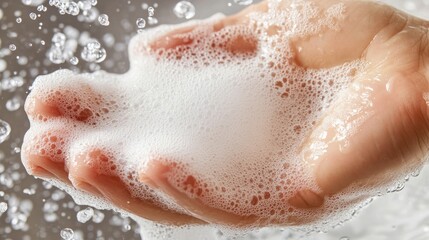 Fototapeta premium Close-up of fingernails being scrubbed with soap and water.