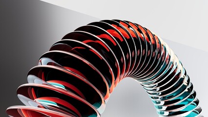 Colorful futuristic 3D illustration with mirrored glass or metal ellipses floating in a semicircle arc along a line on a gradient background. Unusual conceptual object for background