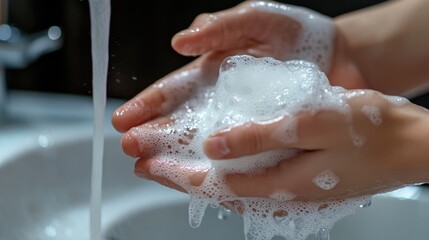 Fototapeta premium Hands rubbing in a circular motion with soap for deep cleaning.