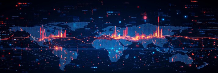 Global Financial Data Visualization Glowing Charts, Graphs, And World Map On Dark Blue Background.