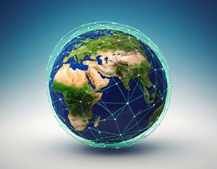 Stylized digital globe logo, featuring interconnected lines and dots to symbolize global connectivity and advanced technology, in cybernetic blue and digital green colors, white background