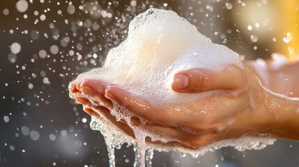 Fototapeta premium The texture of foamy soap on the surface of wet hands.