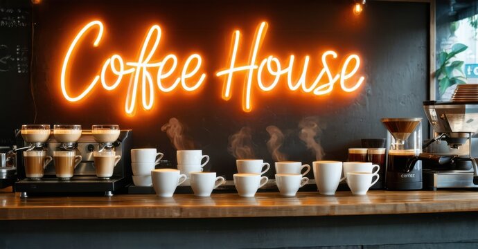 Neon sign coffee house warm orange soft cream glowing vintage espresso bar softly reflecting steaming cups of freshly brewed