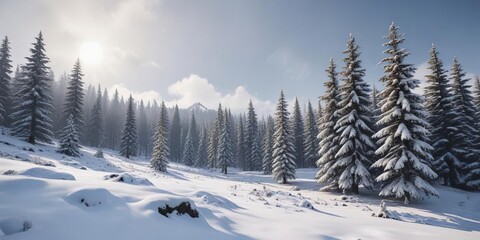 Obraz premium Snow-covered pine trees in the Romanian Carpathian mountains, winter, Romania, snow