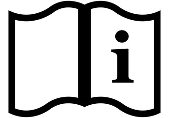 Open book icon featuring an "i", symbolizing information or instructions, simple, high-contrast black and white style vector graphic with isolated background.