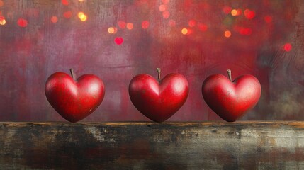 three red heart decorations on rustic wood