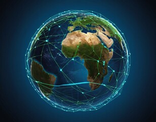 Stylized digital globe logo, featuring interconnected lines and dots to symbolize global connectivity and advanced technology, in cybernetic blue and digital green colors, white background